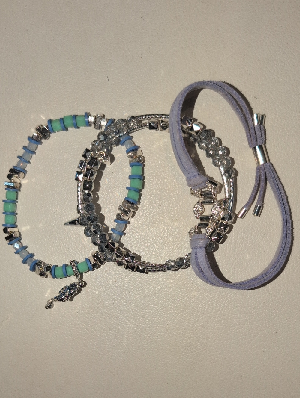 Stackable Silver, Pastel Blue-Green Beaded Bracelet  & Violet Leather Set